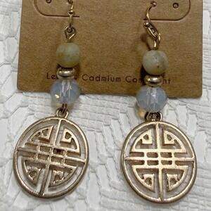 Crystal Avenue Earrings Gold tone Shou Longevity Pierced Dangle